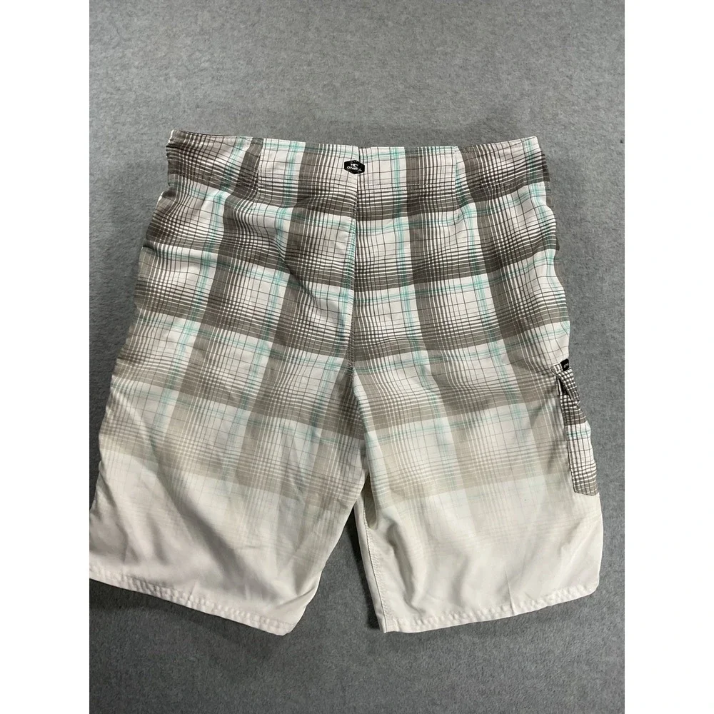 ONeill Mens Plaid Board Shorts Grey White Aqua Blue Cargo Pocket Size 34 2142